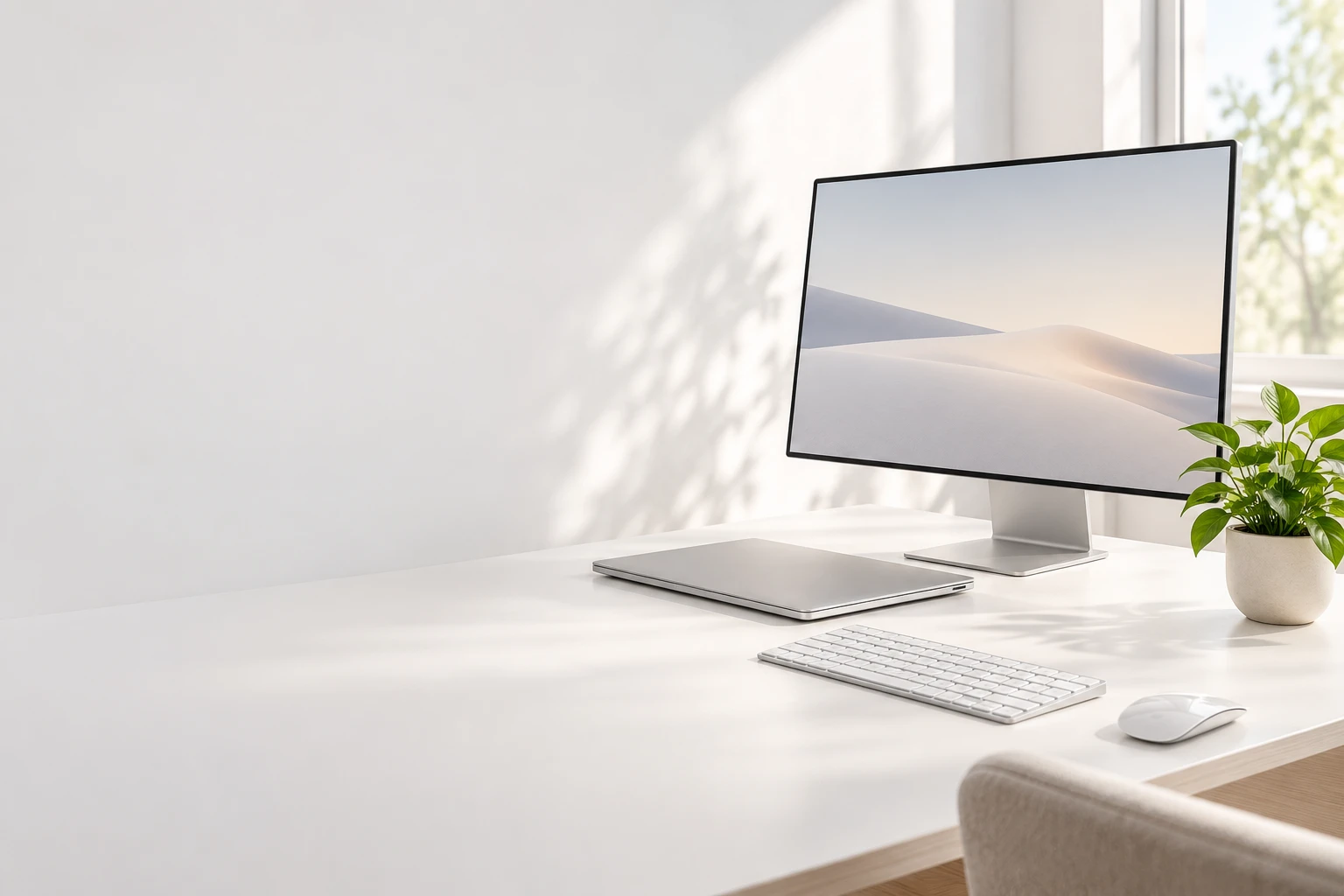 Ofis masasında monitör ve dizüstü bilgisayar