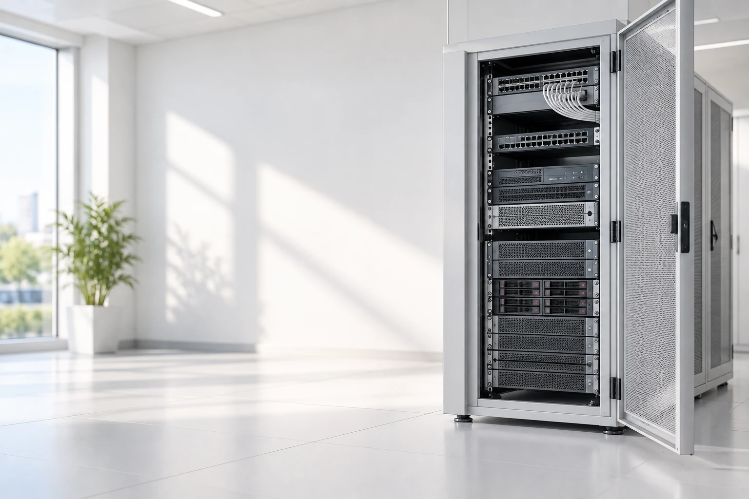 Aydınlık sunucu odasında rack kabin