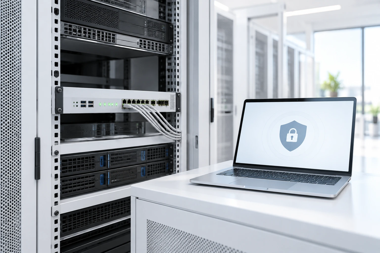 Rack kabinde güvenlik duvarı cihazı ve kilit simgeli dizüstü bilgisayar